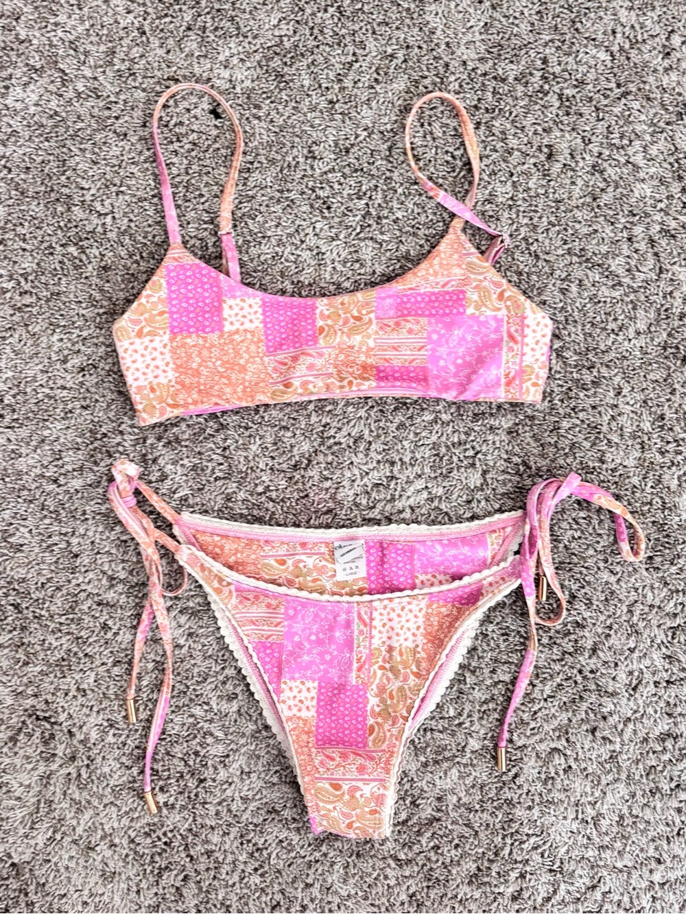 Pink Patchwork Paisley Bikini Bottoms with Lace Trim